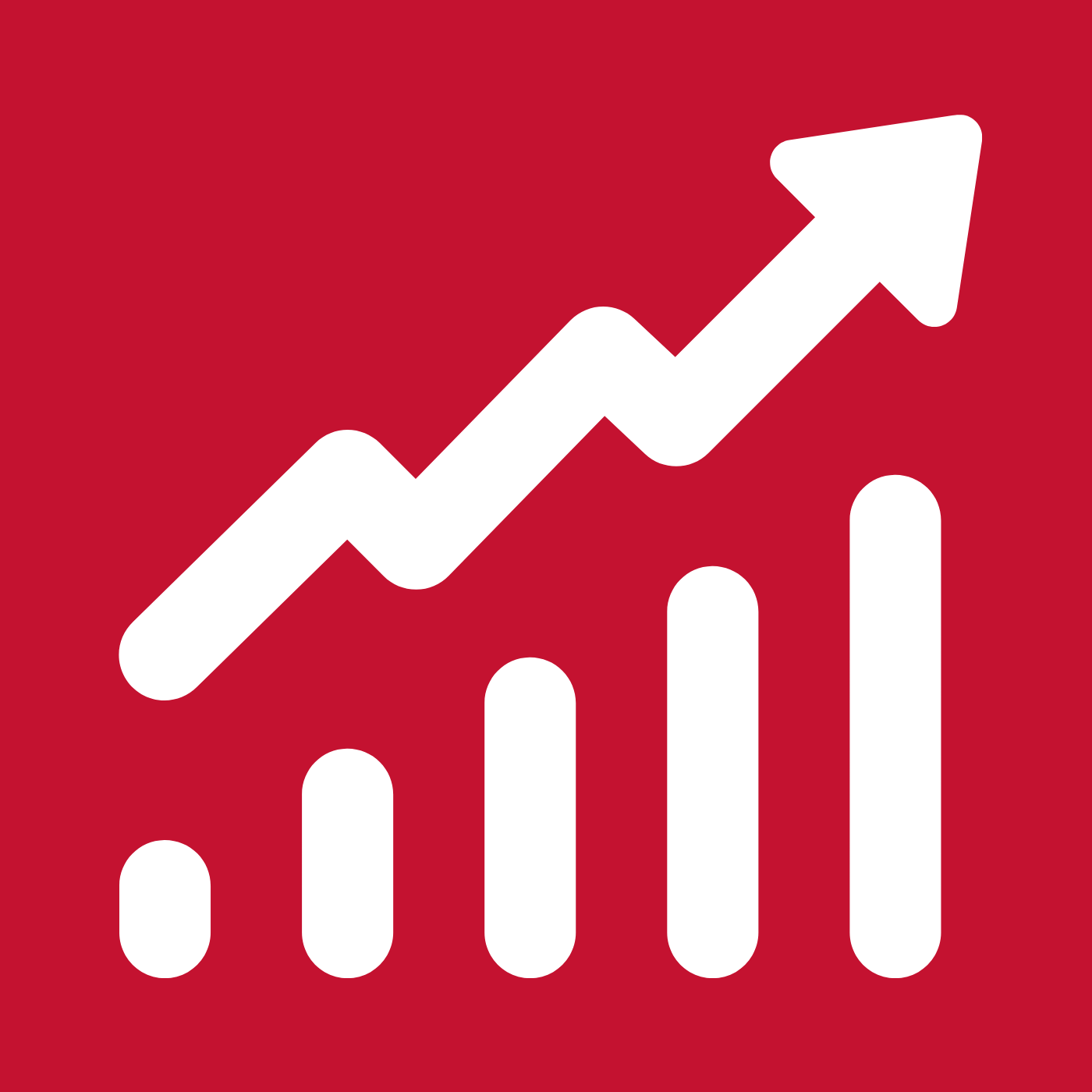 white icon on red background of arrow progressing upward