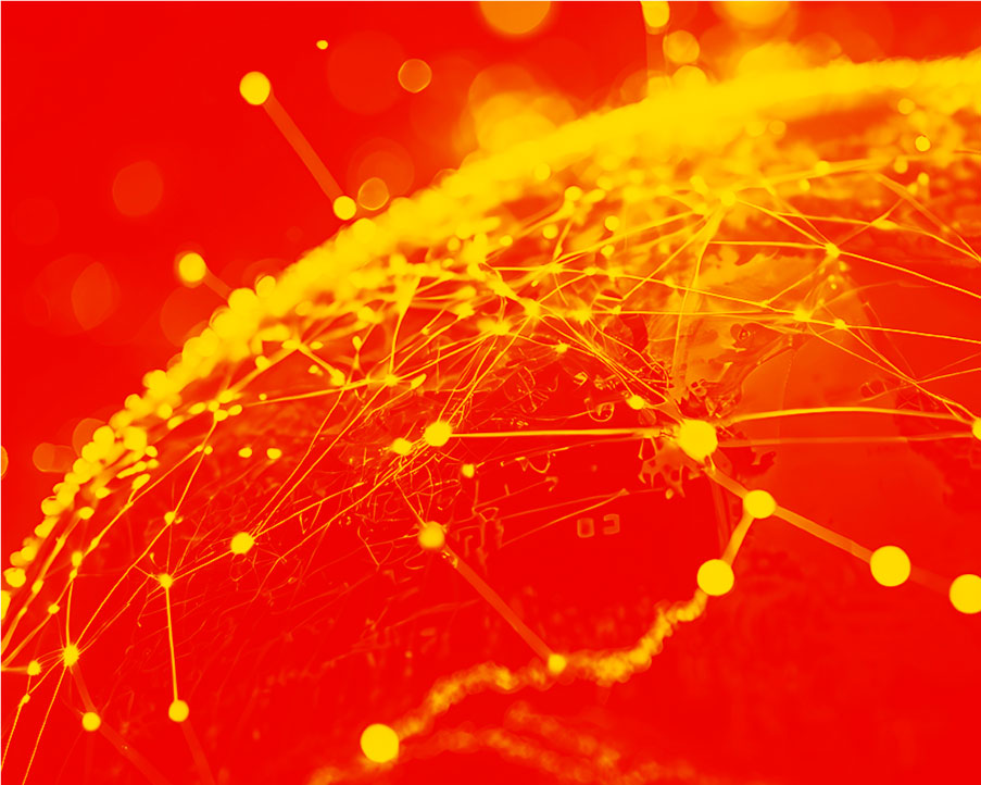 An artistic representation of the globe using yellow nodes connected by thin yellow lines.
