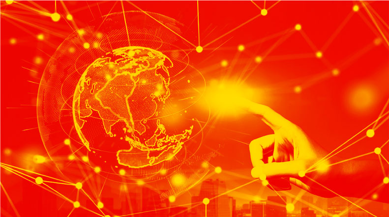 An artistic interpretation of a normal looking globe with a human finger about to touch it. Yellow nodes with thin lines connecting them surround the globe and hand.