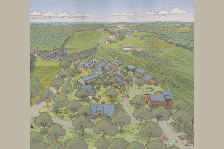 Artist's rendering of the future Rachel Carson EcoVillage. A collection of houses surrounded by trees and fields.