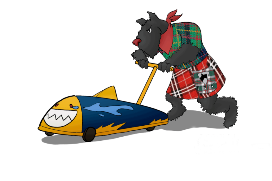 cartoon drawing of a Scotty dog pushing a buggy