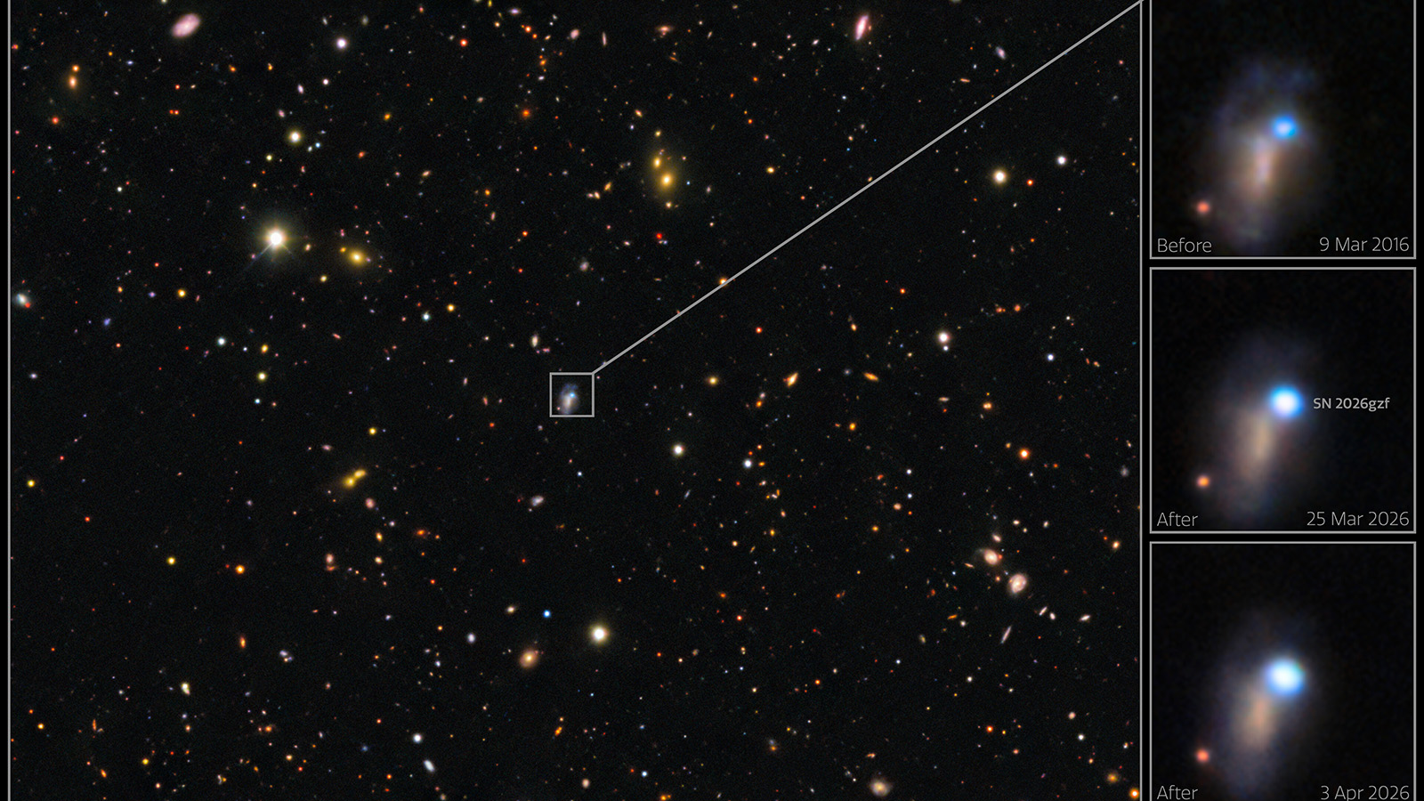 Thousands of stars and galaxies appear in whites, reds, yellows and blues, with one area zoomed in to show the supernova