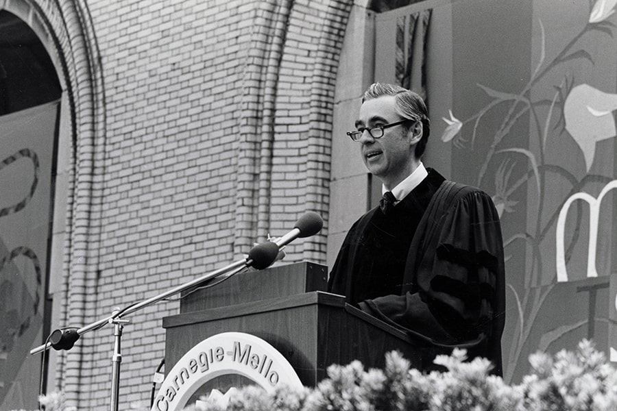 image of Fred Rogers speaking at commencement