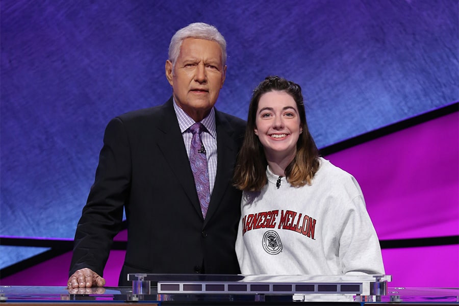 Image of Jeopardy host Alex Trebek with CMU student Emma Farrell