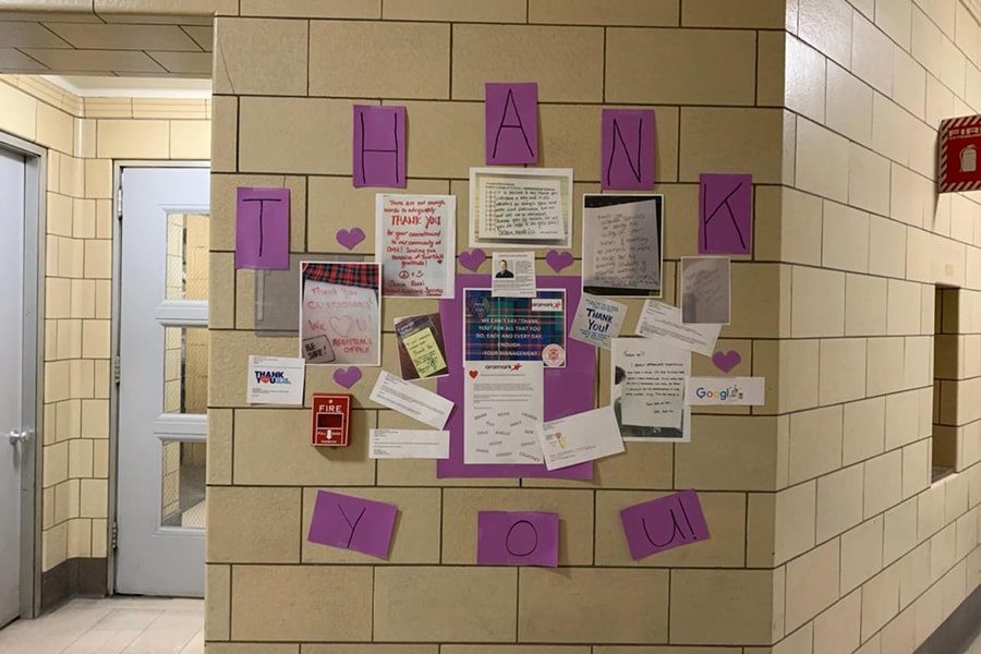 image of thank you notes displayed on a campus wall