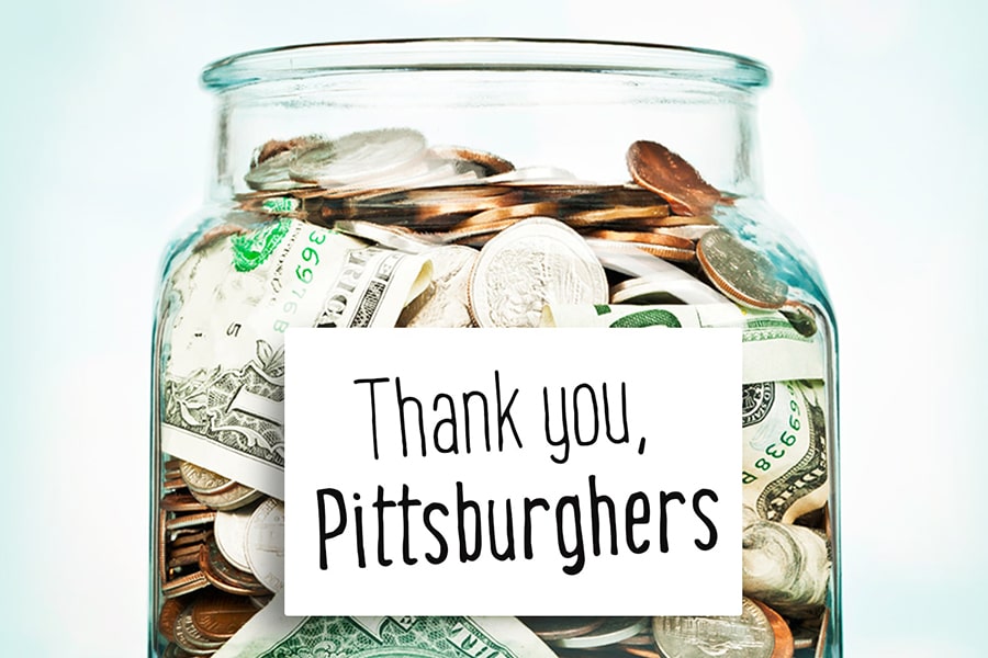 image of a tip jar with a sign that reads thank you Pittsburghers