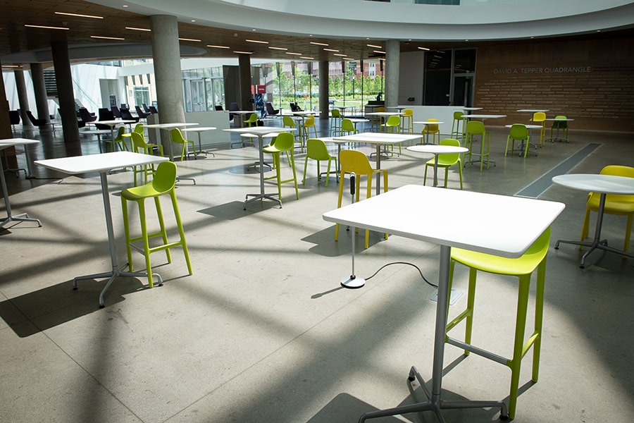 image of the Tepper Commons area with furniture removed to allow for physical distancing