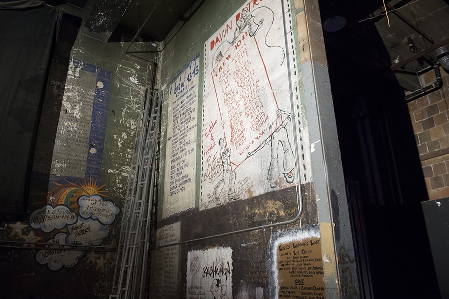 Image of the name wall behind Kresge Theatre stage