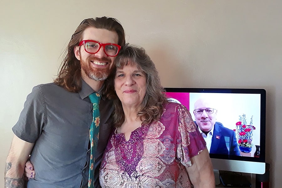 image of Steve Chabassol and his mother during the virtual conferral of degrees