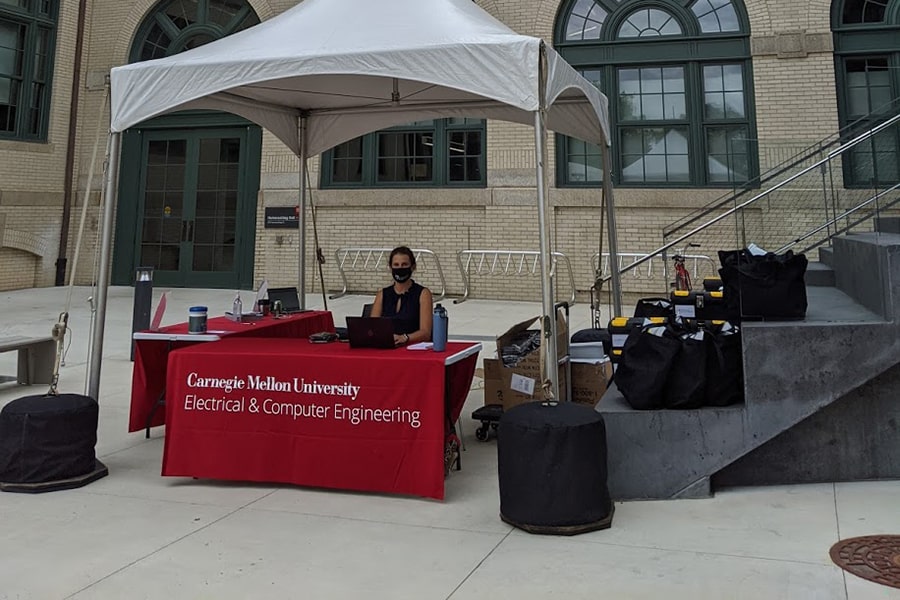 a tent was set up for students to pickup their materials 