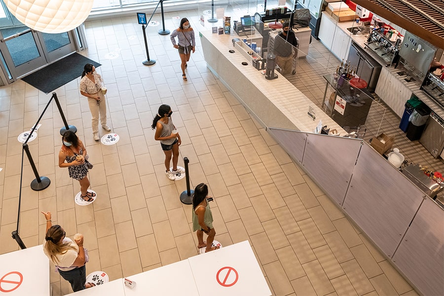 inside dining area from overhead showing social distance floor markers