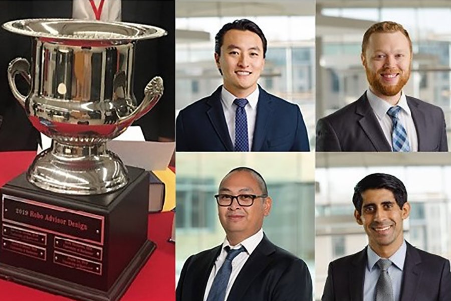 composite picture of the winning MBA students and trophy