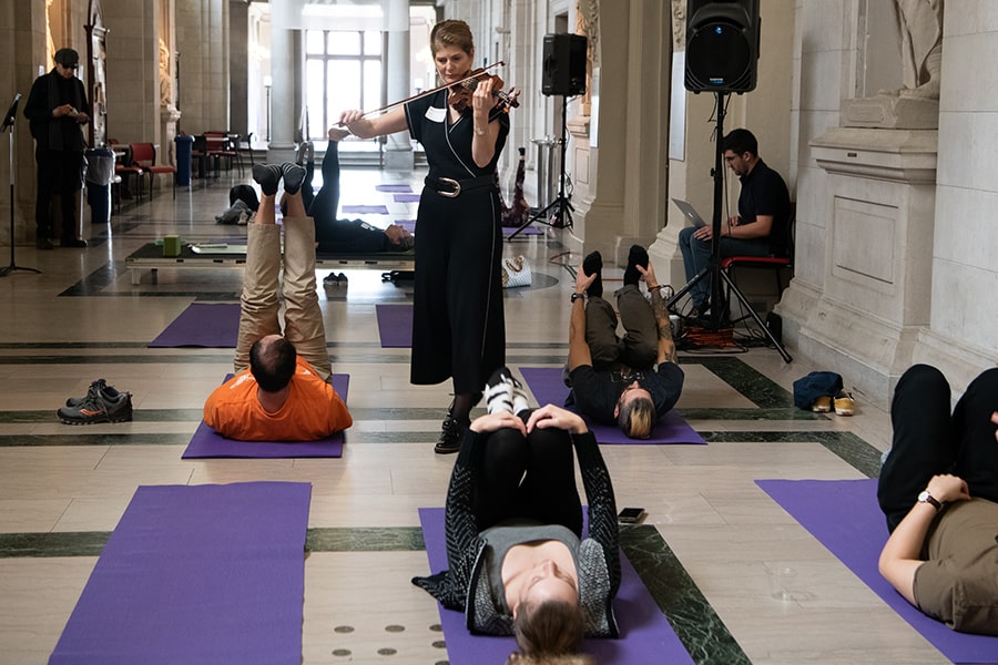 yoga with live music in the CFA Great Hall.