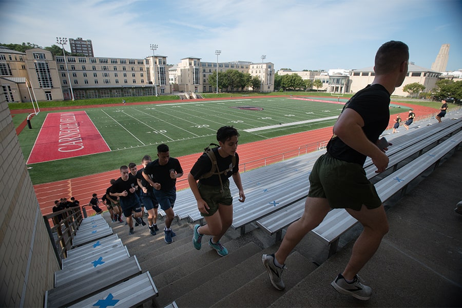 image from the top of the steps of Gesling Stadium looking down at the midshipmen running up