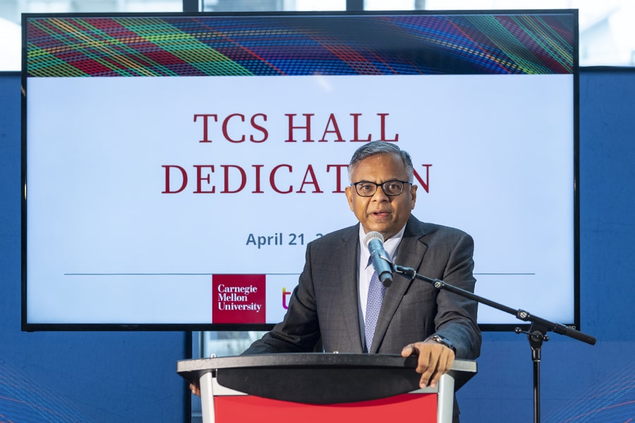 Tata Sons Chairman Natarajan Chandrasekaran speaks during the grand opening of Carnegie Mellon University's TCS Hall. 