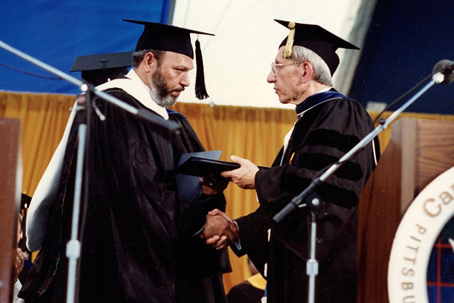 August Wilson receives an honorary degree from then CMU President Richard Cyert