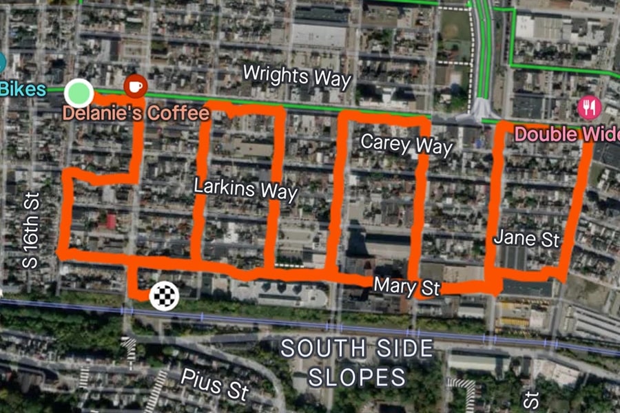 a map of Carrie Chisholm's run on her 2,000th consecutive day running