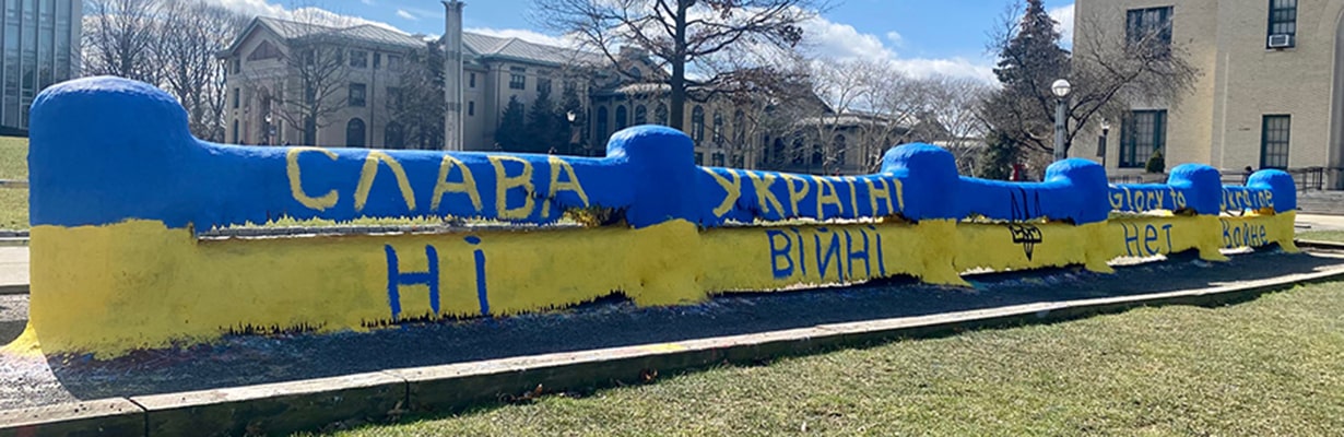 the fence painted in blue and yellow in support of Ukraine