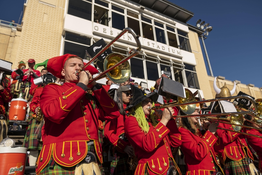 the Kiltie Band plays at the football game