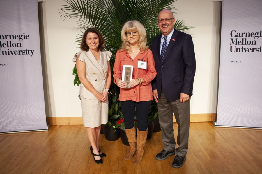 Kelly Saavedra with Michelle Piekutowski and President Jahanian