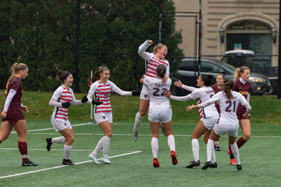 Tartans celebrate a goal in the 2-0 win over Calvin