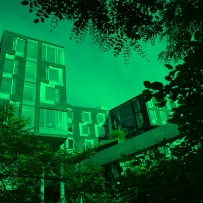 View of the Gates-Hillman Complex from the natural green walkway.