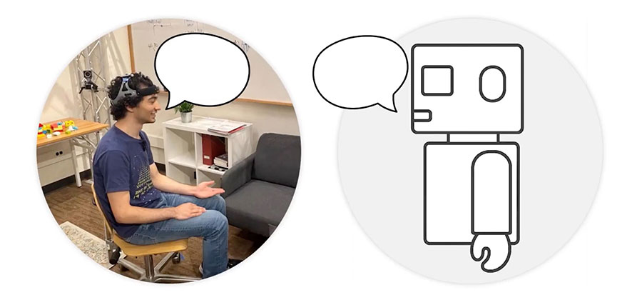 two circles, one with a person and an empty chat bubble and the other with a drawing of a robot with an empty chat bubble