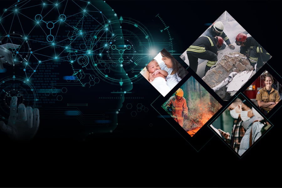 A collage of images of rescue workers