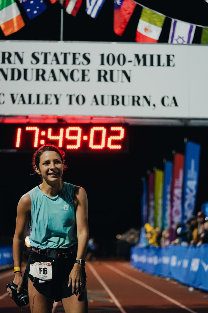 Leah Yingling at the finish of an endurance race