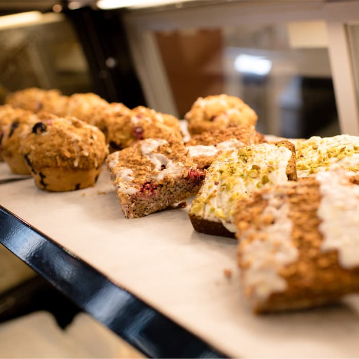 Baked goods in a display case
