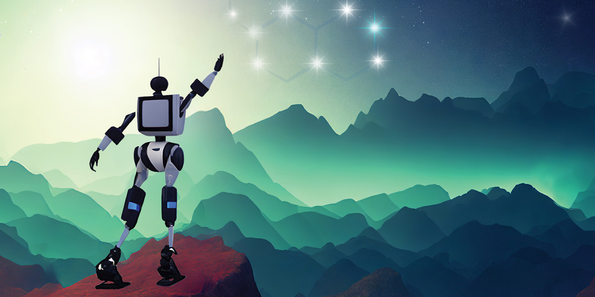 Illustration of a humanoid robot reaching for stars.