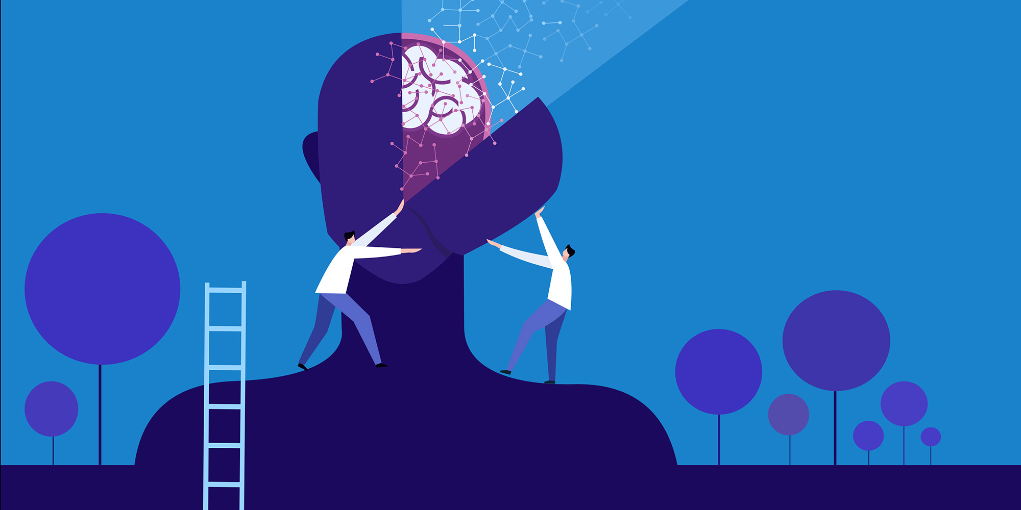 Graphic of a brain in a head with two cartoon people