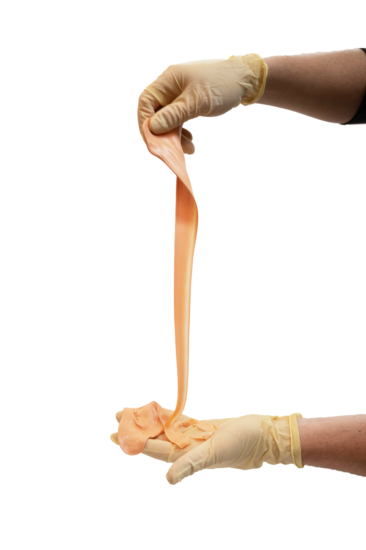 Two gloved hands pulling and stretching a piece of soft, pliable putty, highlighting its flexible texture against a neutral background.