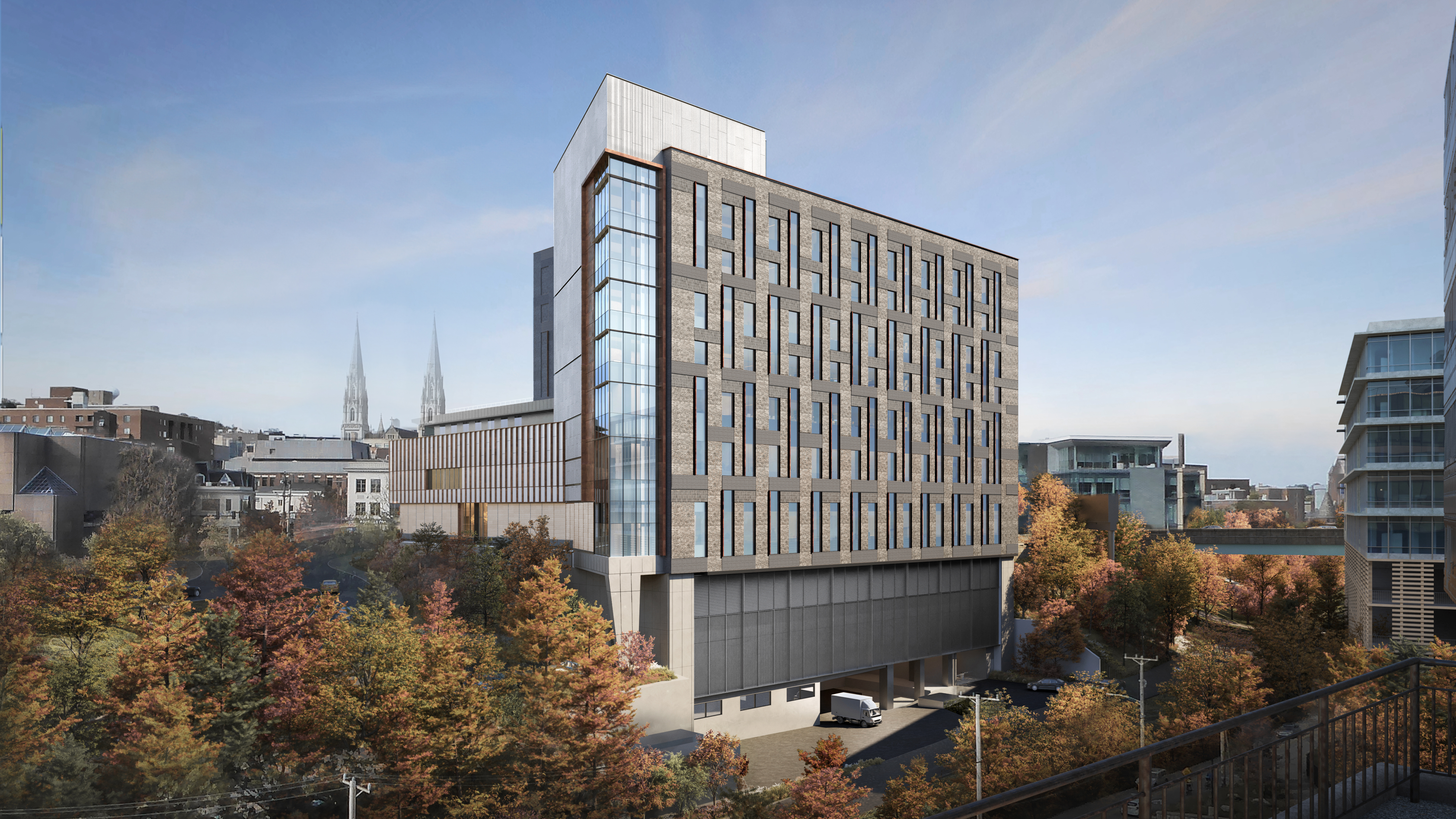 A rendering of the Richard King Mellon Hall of Sciences as it will be viewed from the main Carnegie Mellon campus.