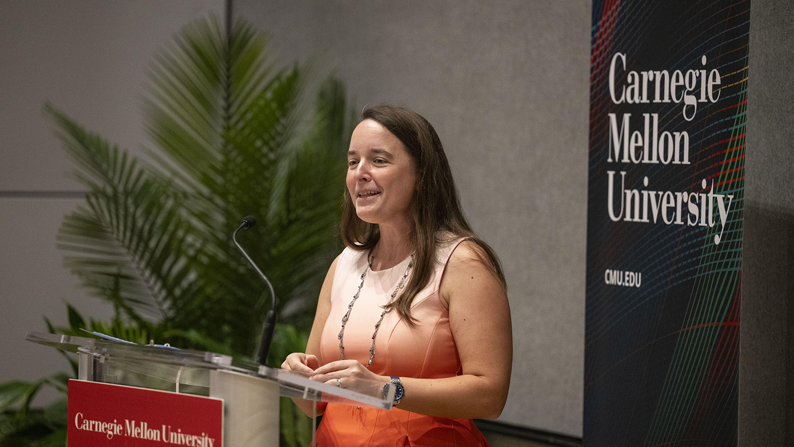 Diana Parno - long-haired brunette woman standing at a podium