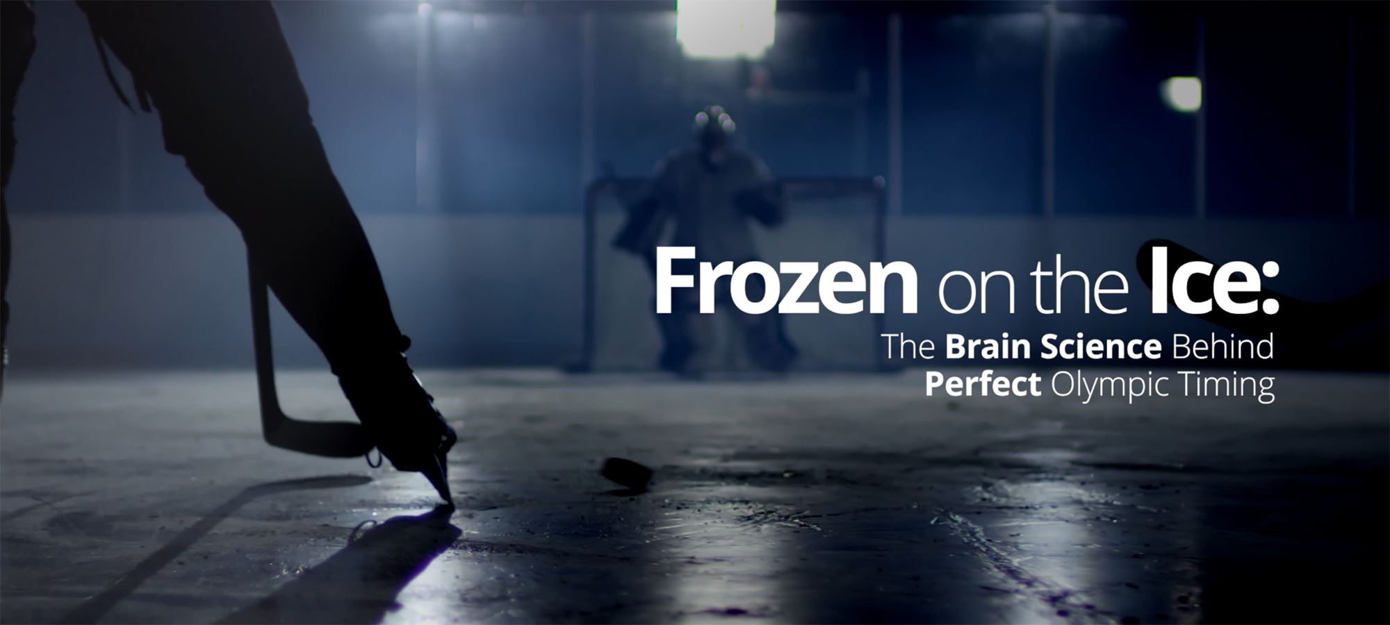 Hockey rink with the title ‘Frozen on the Ice: The Brain Science Behind Perfect Olympic Timing’ displayed across the surface.