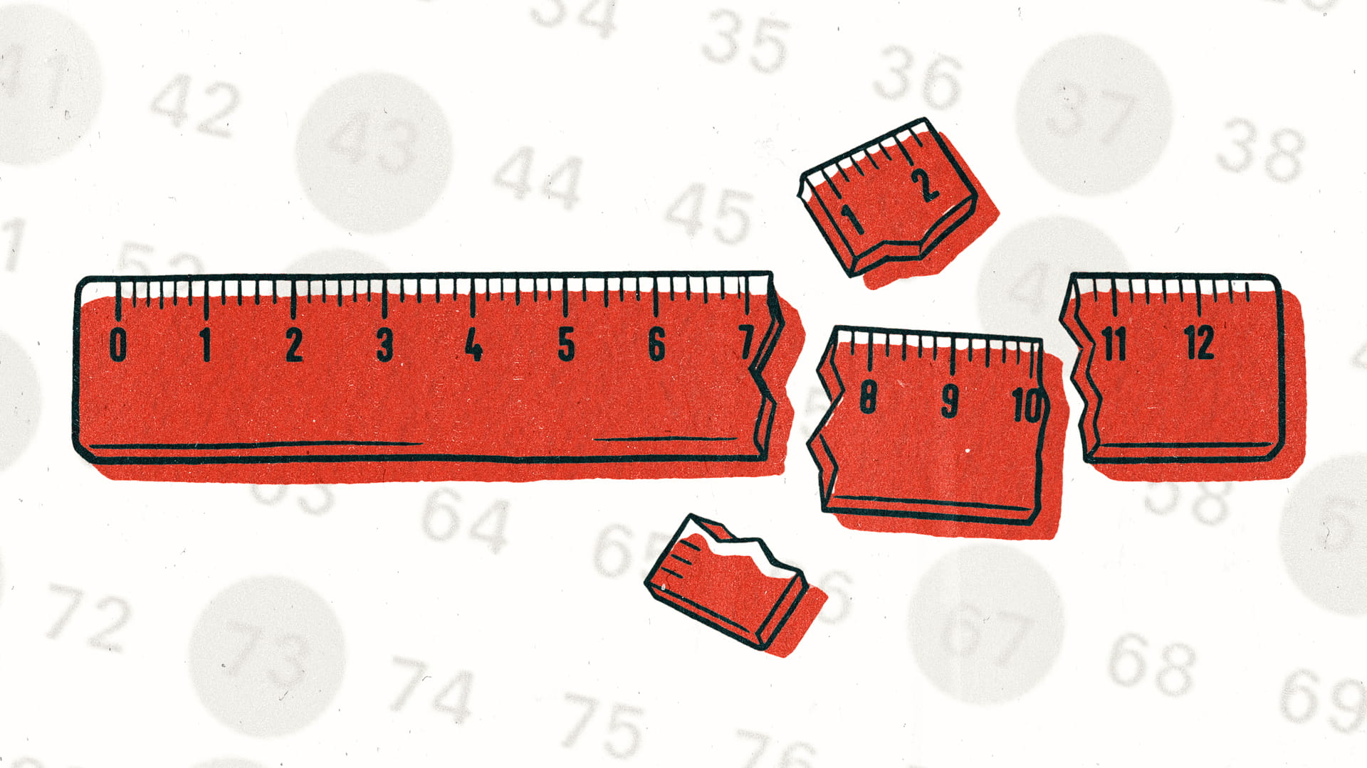 An image of a broken ruler subdivided into pieces that are prime numbers.