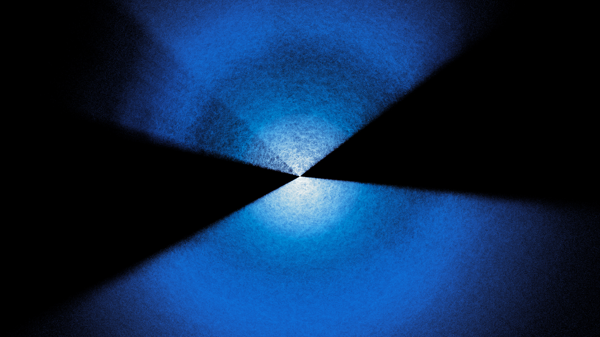 Two fans of blue and white dots extending up and down from center on a black background.