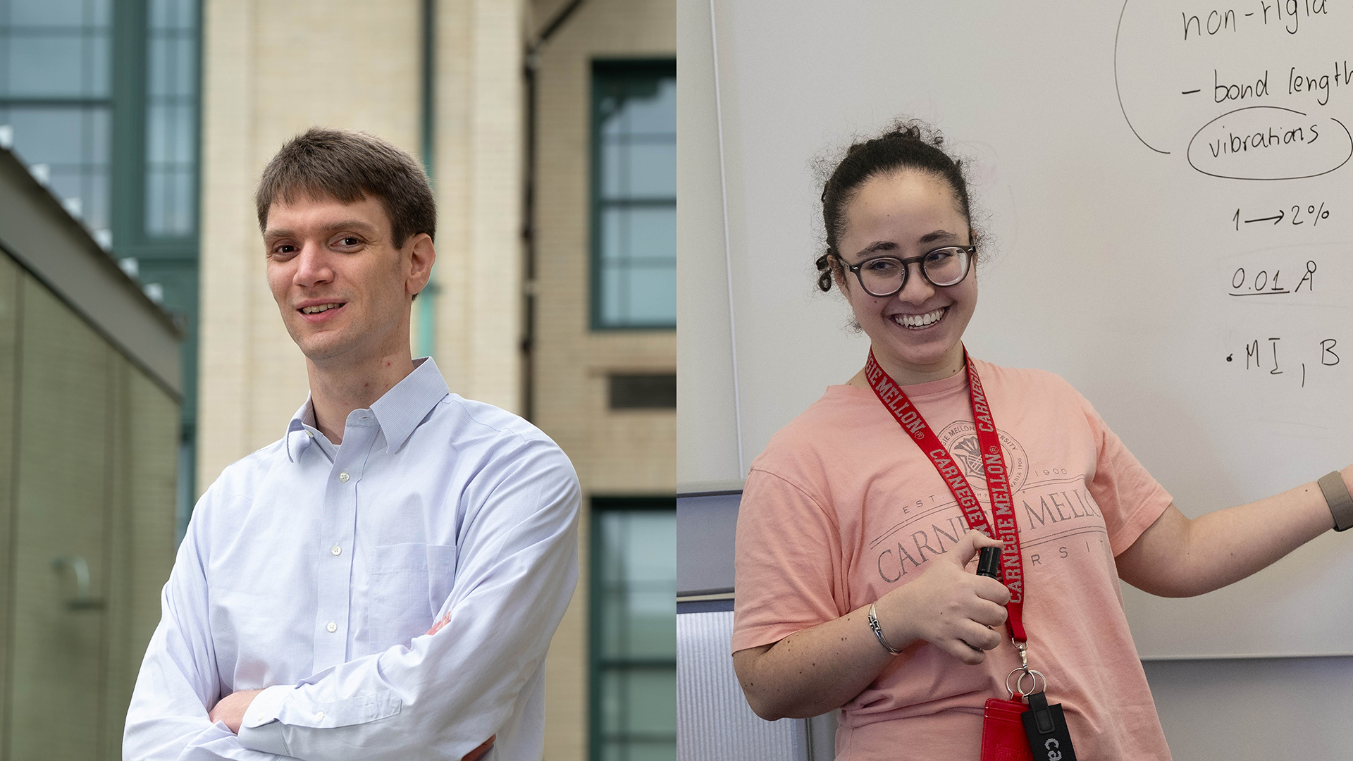 Two photos side by side. The first is of Patrick LaChance, who stands outside of Doherty Hall and smiles at the camera. The second is of Leticia Pequeno Madureira, who writes on a whiteboard and smiles at a student off camera.