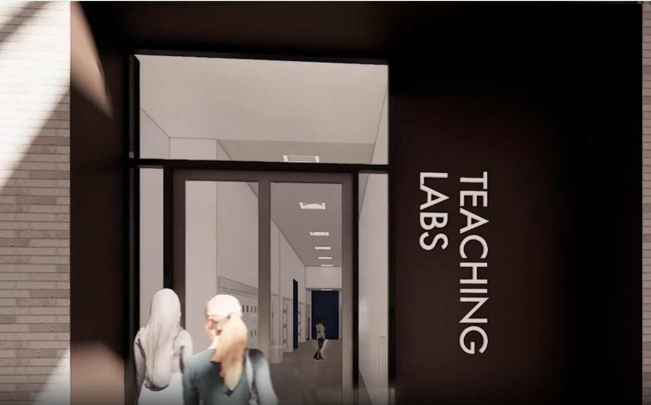 A rendering of the door to the new teaching labs in the Richard King Mellon Hall of Sciences.