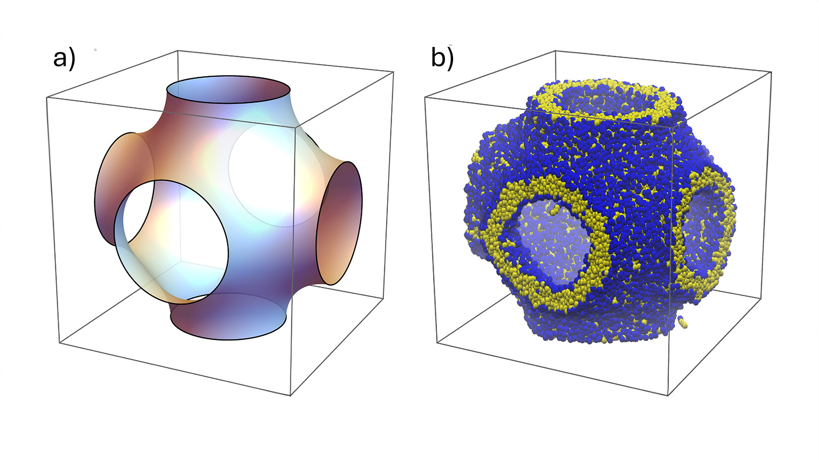On the left is a sphere with opening on each side. On the right is the same shape but with thousands of purple and yellow dots representing lipids.