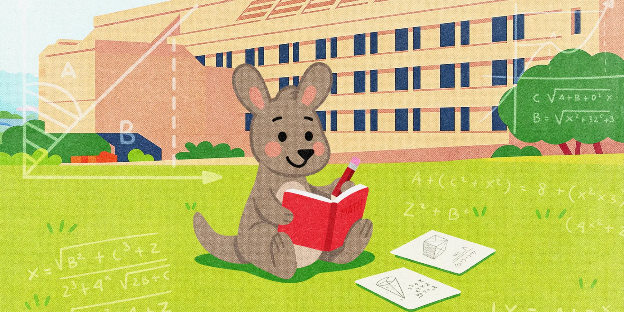 A cartoon depiction of a kangaroo writing in a notebook while sitting on the grass in front of Wean Hall.