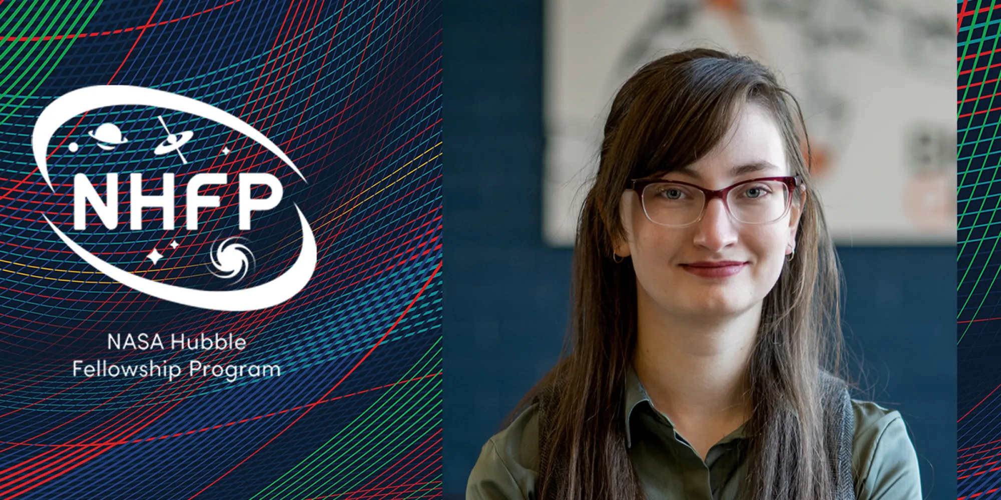 A picture of Anna O'Grady over a plaid background featuring the NHFP logo.