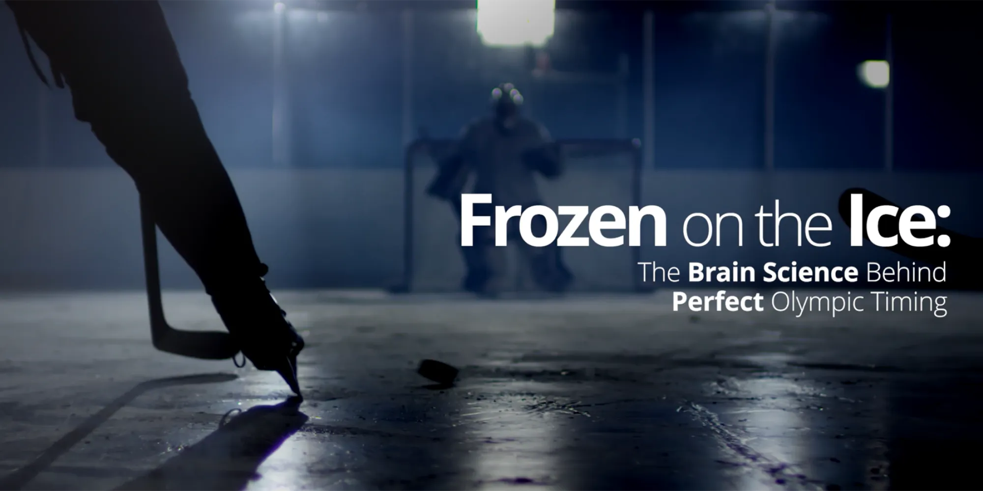 Hockey rink with the title ‘Frozen on the Ice: The Brain Science Behind Perfect Olympic Timing’ displayed across the surface.