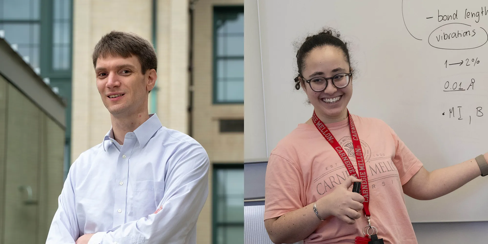 Two photos side by side. The first is of Patrick LaChance, who stands outside of Doherty Hall and smiles at the camera. The second is of Leticia Pequeno Madureira, who writes on a whiteboard and smiles at a student off camera.