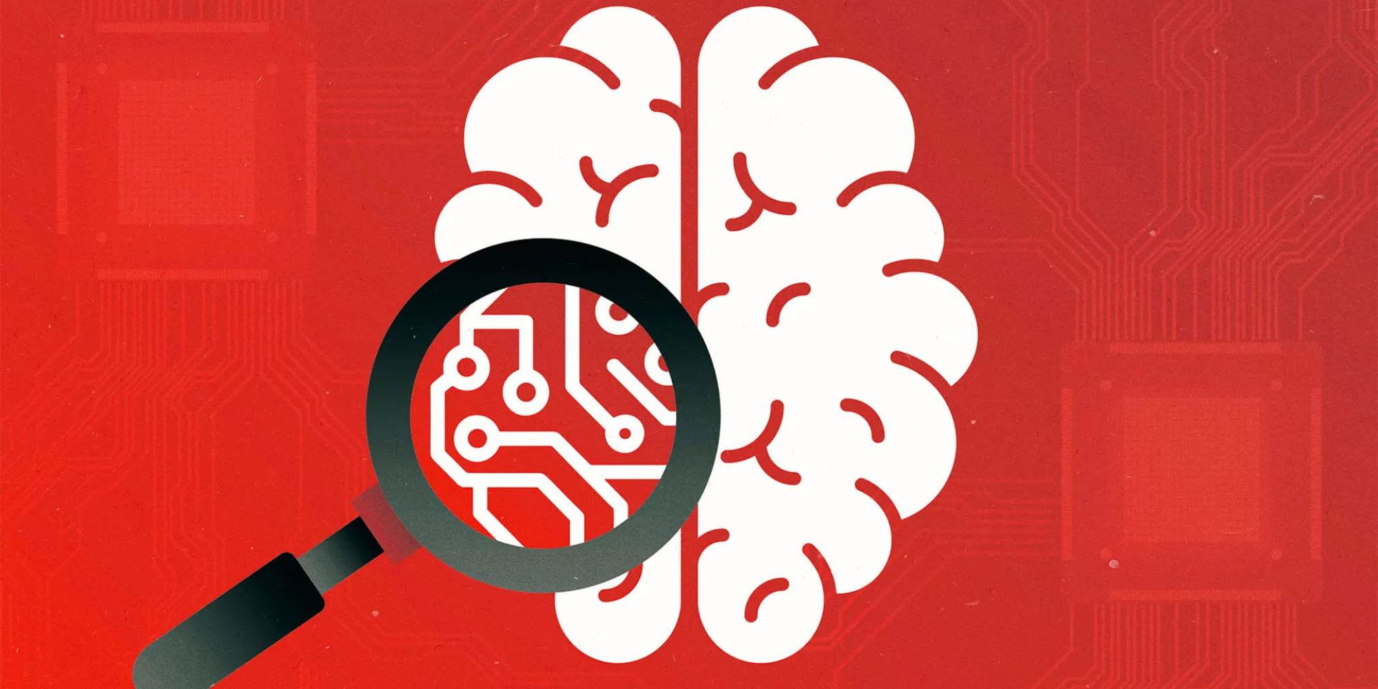 a cartoon image of a white human brain on a red background with a magnifying glass over. part of it showing connections illustrated as electronic components