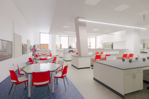 A rendering of a new teaching lab, with lab benches, tables and chairs.