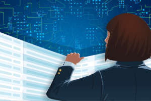 Illustration of a person analyzing financial data in a technology-driven environment.