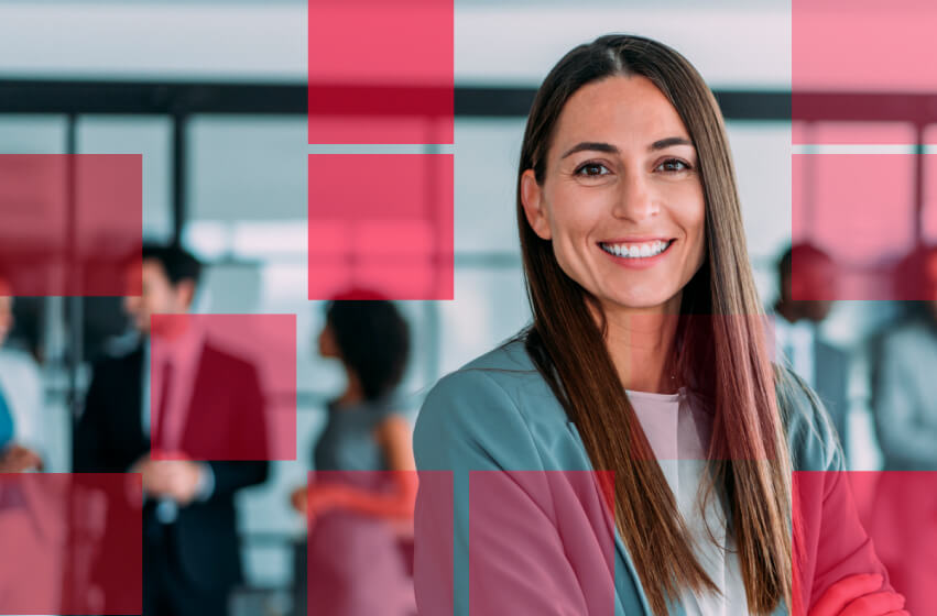 A woman, with stylized red blocks in the image