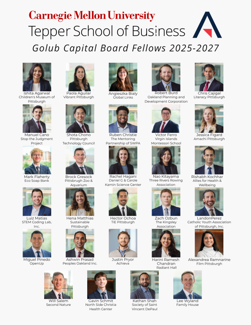 A roster with photos of the new class of Golub Board Fellows